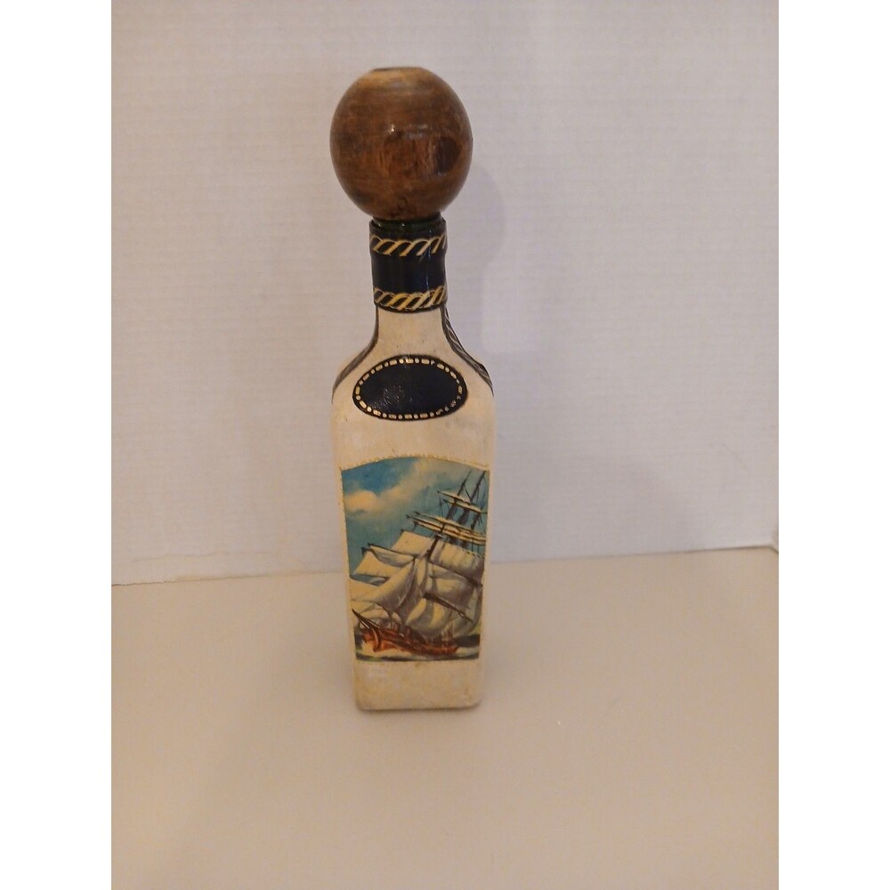 VTG Italian Leather Decanter Bottle w Sailing Ship Florence Italy Fausto Confuri